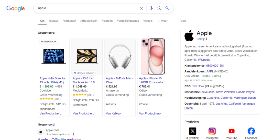 Social accounts in de branded zoekresultaten